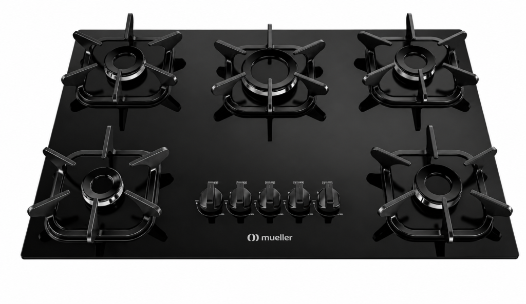 Cooktop 5 Bocas Mueller Bivolt G5 preto com mesa de vidro temperado e trempes individuais em ângulo superior.