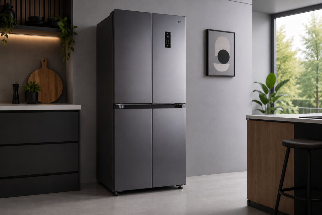 Geladeira Refrigerador HQ-426MDFF Frost Free Multidoor de 426 litros na cor prata, mostrando suas dimensões de altura, largura e profundidade na interface da loja.