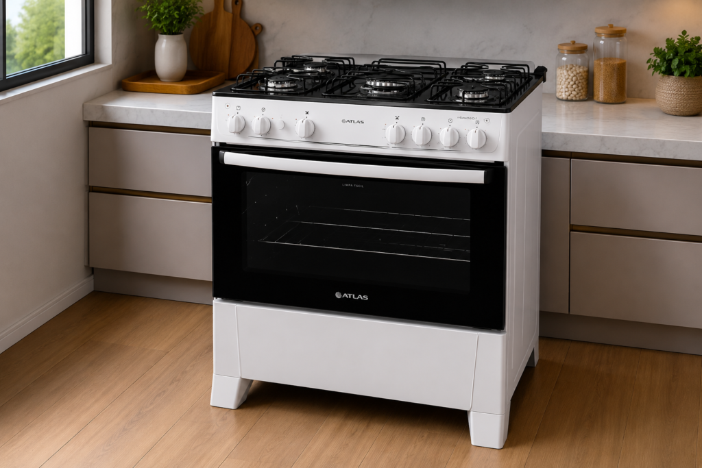 Interface de compra do Fogão 5 bocas Atlas Mônaco Plus Branco com mesa inox, queimadores expostos e detalhes do preço e características na loja.