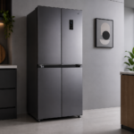 Geladeira Refrigerador HQ-426MDFF Frost Free Multidoor de 426 litros na cor prata, mostrando suas dimensões de altura, largura e profundidade na interface da loja.
