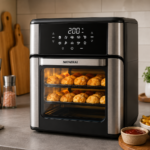 Fritadeira Air Fryer Forno Oven 12L Mondial Preta Inox modelo AFON-12L-BI exibindo pães de queijo assando em prateleiras internas através da porta de vidro na interface da loja Amazon.