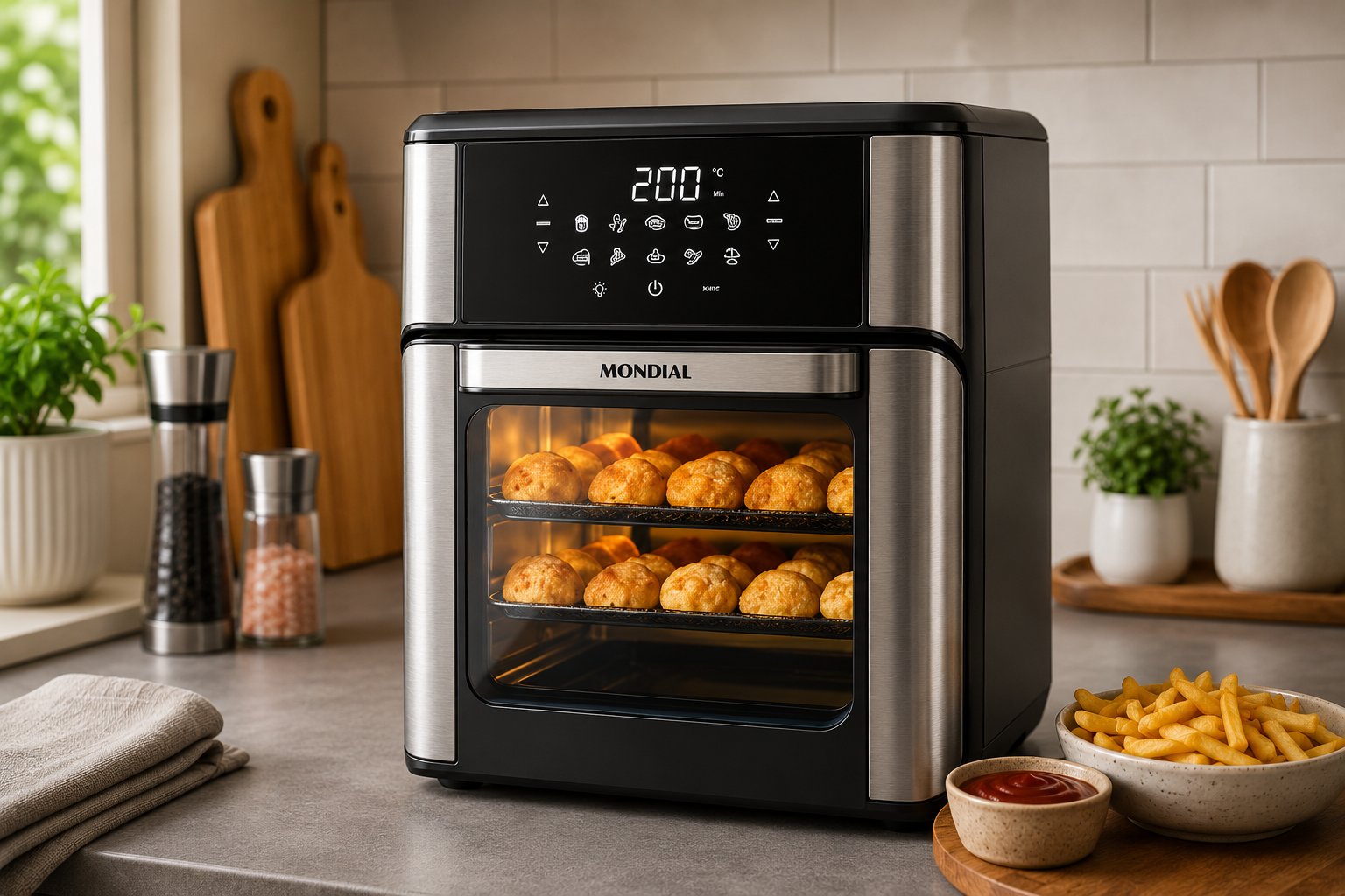 Fritadeira Air Fryer Forno Oven 12L Mondial Preta Inox modelo AFON-12L-BI exibindo pães de queijo assando em prateleiras internas através da porta de vidro na interface da loja Amazon.