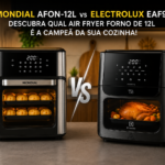 Comparativo visual lado a lado entre a air fryer forno Mondial AFON-12L preta inox e a Electrolux EAF90 grafite, com o título Qual a melhor air fryer forno de 12 litros.